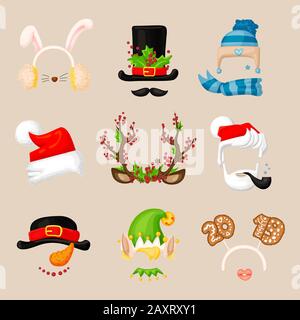 Weihnachtsfoto Prop Messestand Maskensammlung. Weihnachtsmann, Hirschhorn mit Beeren, Schneemann, hochgeartete Hasenohren, weihnachtsmütze und andere Elemente für Fotostände Stock Vektor