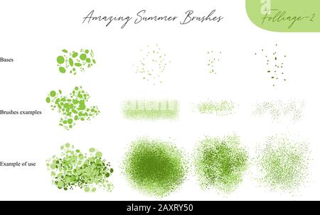 Satz von sommerlichen Vektor-Blattökologiebürsten - Silhouetten von Sommerblättern, Laub von Bäumen, verschiedene Grüntypen isoliert auf Weiß, Vektor Stock Vektor