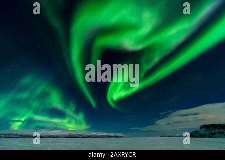 Skandinavien, Abisko-Nationalpark, aurora in Herzform, symbolisches Bild der Liebe Stockfoto