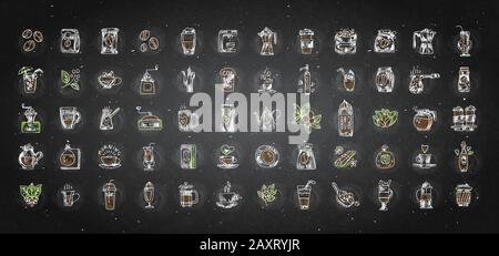 Vektorsatz mit Kaffeesymbolen auf schwarzem Kreidegrund. Symbol für handgezeichneten Kaffee, Vektor-Doodle-Kollektion. Morgenkaffee, Logo mit Café, Bohnen, Blättern Stock Vektor