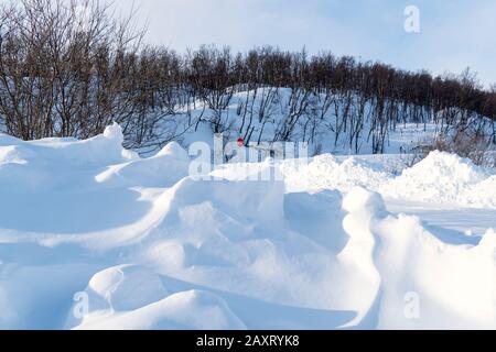 Schweden, in der Nähe von Abisko, schneebedeckte Parkplätze, Stoppschild Stockfoto