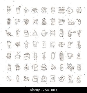 Vektorsatz mit Kaffeesymbolen auf weißem Hintergrund. Symbol für handgezeichneten Kaffee, Vektor-Doodle-Kollektion. Morgenkaffee, Logo mit Café, Bohnen, Blättern Stock Vektor