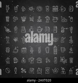 Vektorsatz mit Kaffeesymbolen auf schwarzem Kreidegrund. Symbol für handgezeichneten Kaffee, Vektor-Doodle-Kollektion. Morgenkaffee, Logo mit Café, Bohnen, Blättern Stock Vektor