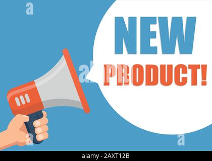 Neues Produkt - Männerhand hält Megafon Stock Vektor