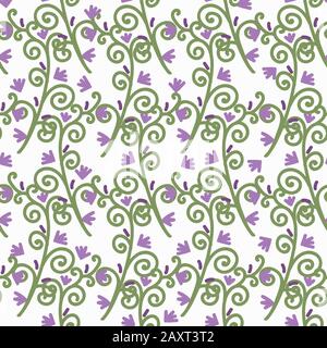 Frühlingsmuster mit violetten Blumen und geschwenkt grünen Blättern Stock Vektor