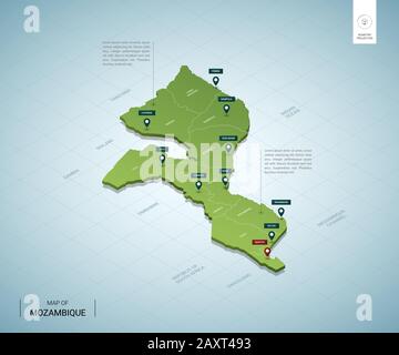 Stilisierte Karte von Mosambik. Isometrische 3D-Grünkarte mit Städten, Grenzen, Hauptstadt Maputo, Regionen. Vektorgrafiken. Editierbare Ebenen, die deutlich beschriftet sind Stock Vektor