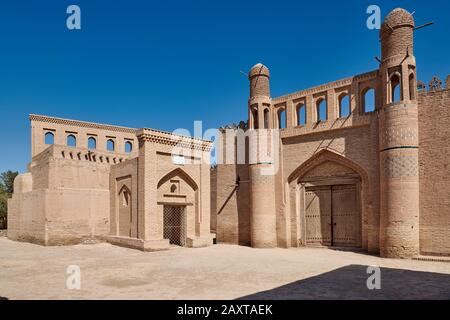 Aussendetail des Tasch-Hauli-Palastes, Ichan Qal'а, Chiwa, Usbekistan, Zentralasien - Exterieur des Taschkhauli-Palastes oder Toshhovli, Itchan-Kala, K. Stockfoto