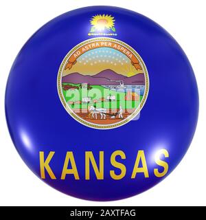 3D-Rendering einer Kansas USA State Flag auf einem Kreissymbol, das auf weißem Hintergrund isoliert ist Stockfoto