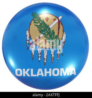 3D-Rendering einer Oklahoma USA State Flag auf einem Kreissymbol, das auf weißem Hintergrund isoliert ist Stockfoto