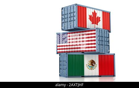 Frachtcontainer mit Nationalflaggen Kanada, USA und Mexiko - NAFTA Nordamerika Freihandelsabkommen - 3D-Rendering Stockfoto