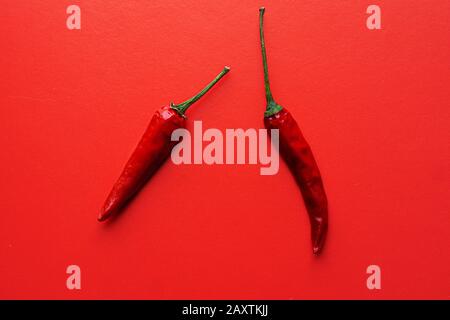 Rote heiße Chilischoten auf rotem Hintergrund, beliebte Gewürze Stockfoto