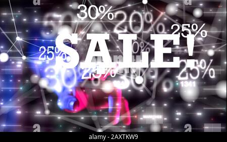 Geschäftsmann berühren virtuelle Projektion von Umsatz und Prozent Symbole - Vertriebskonzept Stockfoto