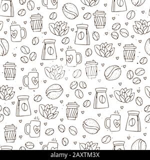 Vector nahtloses Kaffeemuster mit Kaffeebohnen und Blättern, Sack mit Kaffeesamen, Kaffeesorten. Hand zeichnen Café nahtloses Muster mit leichter Textur Stock Vektor