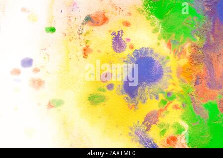 Bunte Farbflecken, Tropfen, Spritzer, Mischen. Abstrakter Hintergrund Stockfoto