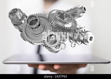 3D-Illustration von Drehrädern aus Metall mit einer Person verschwommen Im Hintergrund Stockfoto
