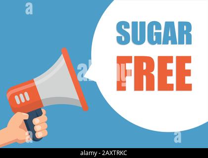 Zuckerfrei - Männerhand hält Megafon. Flaches Design. Kann von Unternehmen für soziale Medien, Netzwerke, Werbung und Werbung genutzt werden. Stock Vektor