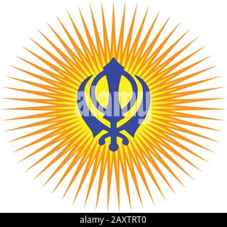 Das Hauptsymbol des Sikhismus - Zeichen Khanda. Rote und goldene Gradientenstrahlen, weißer Hintergrund, isoliert, Vektor Stock Vektor