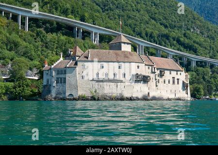 Schweiz Waadt, Waadt, Montreux, Veytaux, Château de Chillon, Schloss, Schloss, Lac Léman, Genfer See, Genfer See, hiver, été, Sommer Stockfoto