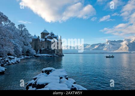 Schweiz Waadt, Waadt, Montreux, Veytaux, Château de Chillon, Schloss, Schloss, Lac Léman, Genfer See, Genfer See, hiver, Winter, neige, Sch Stockfoto