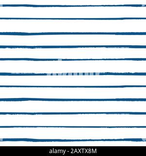 Grunge Streifen horizontal nahtloses Vektormuster Hintergrund in marineblau und weiß. Handgezeichneter Stil mit Farbeffekt. Für Marine und Nautik Stock Vektor
