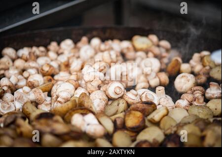 Grillen von kleinen Kartoffeln und Pilzen. Nahaufnahme von appetitlichen gegrillten Kartoffeln und Pilzen auf dem grillgrill. Stockfoto