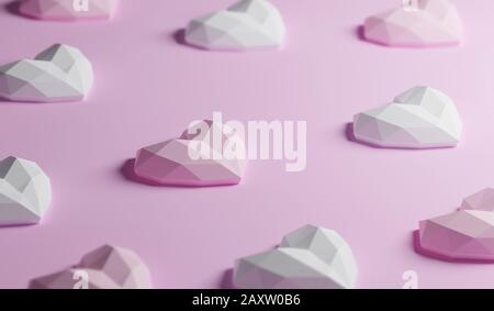 Geometrische Konfigurationsgruppe aus pinkfarbenem Herz, isoliert in süßem Pastellpink, Seitenansicht. Romantischer hintergrund am valentinstag, 3D-Rendering Stockfoto