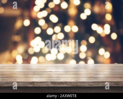 Holztisch auf verschwommenem Hintergrund, 3D-Rendering Stockfoto