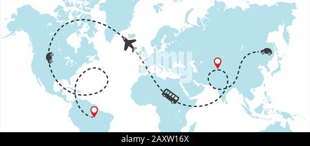 Weltkarte mit gestrichenen Linien und Flugzeugen, die fliegen, mit dem Bus fahren und mit dem Auto fahren. Reisekonzept. Vektor Stock Vektor