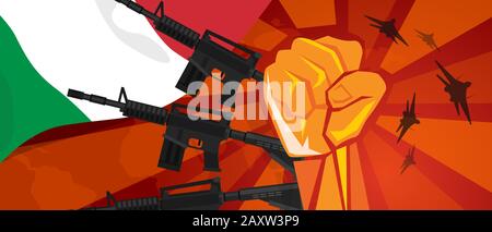 Italien Kriegspropaganda Handschlag mit Armflugzeug und Flagge. Vintage rotes Symbol für Aggression und Rebellion Stock Vektor