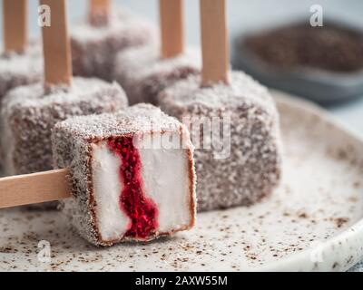 Hausgemachte raw lamington Eis springt auf hellen Hintergrund. Australische süße Nachspeise lamington mit Chia und Himbeeren Marmelade, Schokolade und Kakao. Veganes essen Rezept und Idee. Kopieren Sie Platz. Nahaufnahme Stockfoto