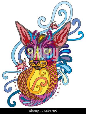 Farbenfrohes abstraktes Doodle-Zierporträt der Cornish Rex-Katze. Dekorative Vektorgrafiken in verschiedenen Farben isoliert auf weißem Hintergrund. Stoc Stock Vektor
