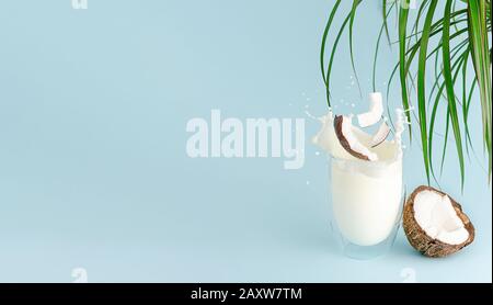 Spritzende Milch, fliegende Kokosnussstücke über das Glas auf blauem Sommerhintergrund mit Palmblättern. Kopierbereich. Stockfoto