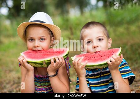 Mädchen und Junge, die Wassermelone essen. Mädchen und Junge bei einem Picknick im Sommerurlaub Stockfoto