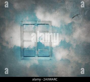 Wand mit Fenster in den Wolken und Himmel mit Textur Stockfoto