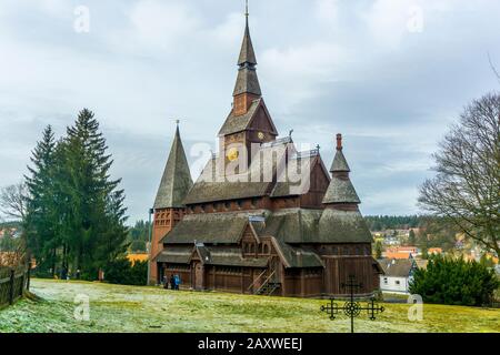 Gustav-Adolf Stabkirche im Stadtteil Hahnenklee-Bockswiese, Goslar, Niedersachsen, Deutschland Gustav Adolf Stave Kirche im Harz, Hah Stockfoto