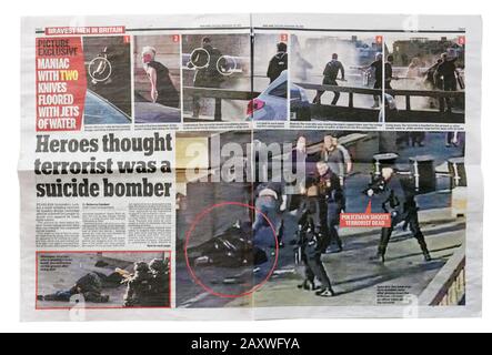 Doppelseitige Verbreitung in der Daily Mail vom 30. November 2019 über den terroristischen Messerangriff auf die London Bridge. Stockfoto