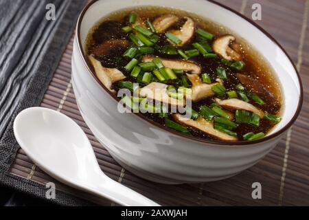 Diätsuppe mit Shiitake-Pilzen, grüne Zwiebeln in einer Schüssel auf dem Tisch. Horizontal Stockfoto