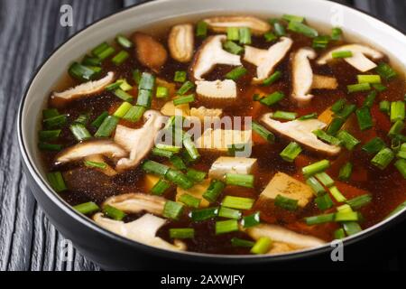 Asiatische Suppe mit Shiitake-Pilzen, Tofu-Käse und grünen Zwiebeln in einer Schüssel auf dem Tisch. Horizontal Stockfoto