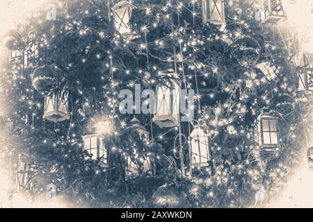 Foto im alten Vintage-Stil. Weihnachtsbaum Dekoration Hintergrund mit glühender Girlande. Hintergrund Weihnachten Winter Neujahr Hintergrund. Stockfoto