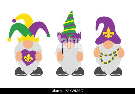 Mardi Gras Gnomes mit Maske, Fleur de LIS und Herz Stock Vektor