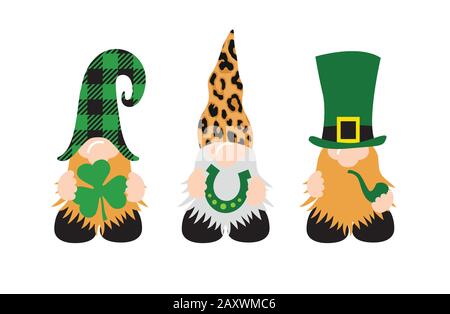 St. Patrick's Day Gnomes mit Shamrock und Hufeisen Stock Vektor