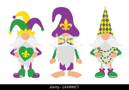 Mardi Gras Gnomes mit Maske, Fleur de LIS und Herz Stock Vektor