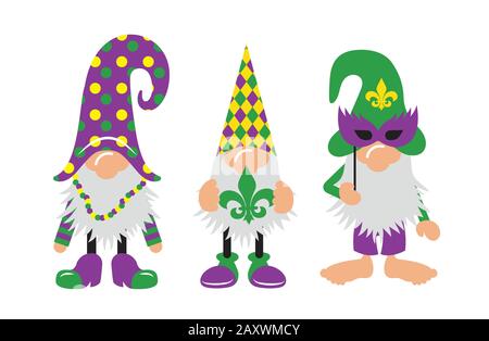 Mardi Gras Gnomes mit Maske, Fleur de LIS und Herz Stock Vektor