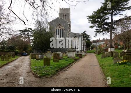 Woodbridge, Suffolk, Großbritannien - 13. Februar 2020: St. Mary the Virgin Church, Market Hill. Stockfoto