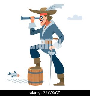 Piratenkapitän-Charakter mit Blick durch ein Teleskop und freut sich über die Beute. Vektor-Cartoon-Flat Illustration Stock Vektor