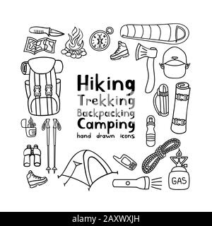 Wander- und Rucksackausrüstung Set. Handgezeichnete Symbole für Trekking. Camping Doodles. Vektorgrafiken. Stock Vektor