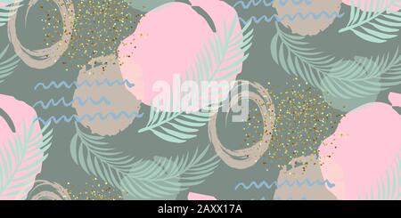 Abstraktes, nahtloses Muster mit handgezeichtem Kreis und Punkten. Rosa, Grün und Gold modernes Muster. Vektorgrafiken mit Palmblättern. Stock Vektor