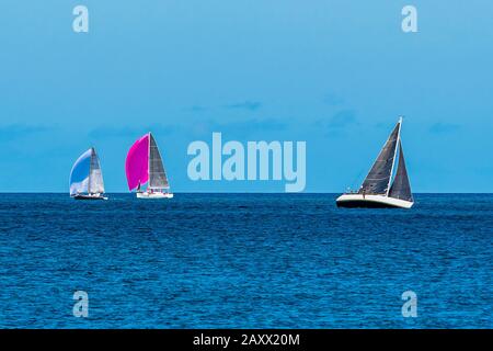 Drei Rennyachten am Grand Anse Beach, St George's, Grenada Stockfoto