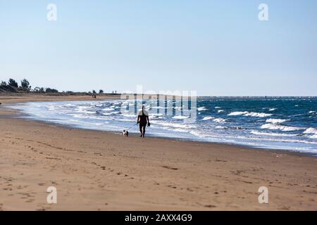 Mann und Hund im Tourist am Strand, Queens Beach, Queensland, Australien Stockfoto