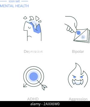 Satz von linearen Symbolen für psychische Gesundheit Stock Vektor